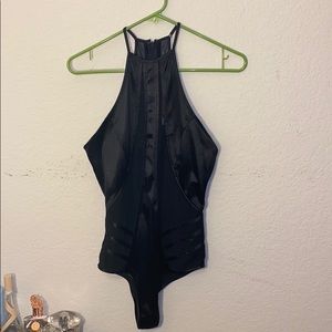Black Silk Bodysuit with Mesh See Through